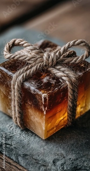 Fototapeta Amber soap tied with rope on slate