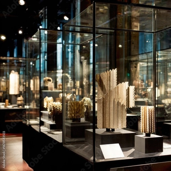 Fototapeta Museum displays with artifacts in glass cases