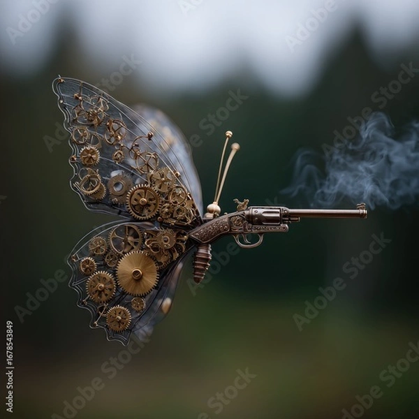 Fototapeta Steampunk butterfly with a gun