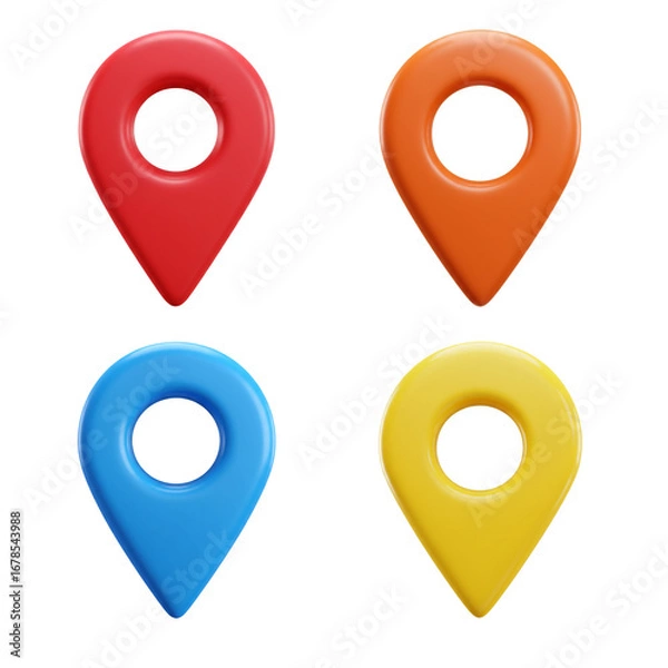 Fototapeta Set of colorful map pointers. Colorful 3D Map Markers Red Yellow Blue and Orange Location Pins
