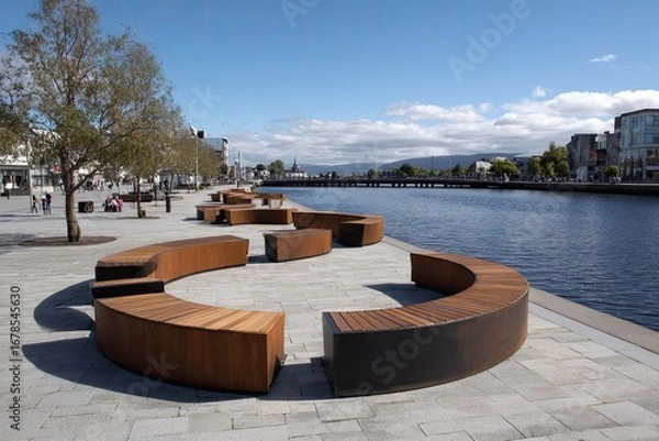Obraz City waterfront promenade with modern seating
