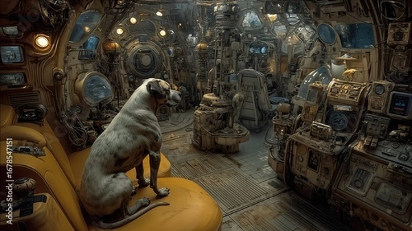 Fototapeta Un perro sentado en un trono de maquinaria compleja, observando con calma el entorno.