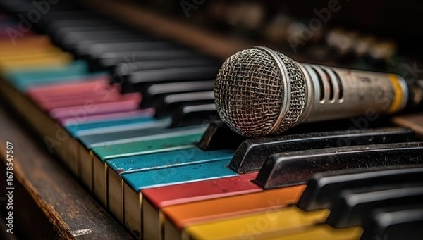 Fototapeta Colorful piano keys, vintage microphone resting on top