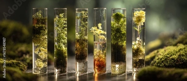 Obraz Small plants in test tubes on a surface