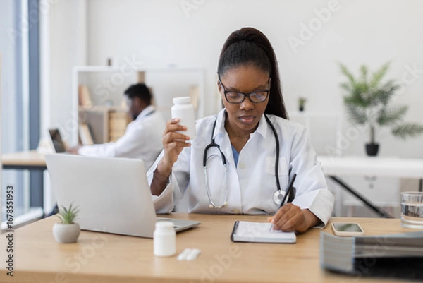 Fototapeta Young African medical professional in office holding pill container and writing prescription while seated at desk. Office setting shows professional environment with medical tools