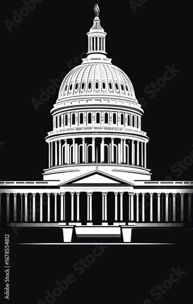 Fototapeta Monochrome black and white vector illustration of United States Capitol building dome and classical columns with minimalist architectural style and political theme design