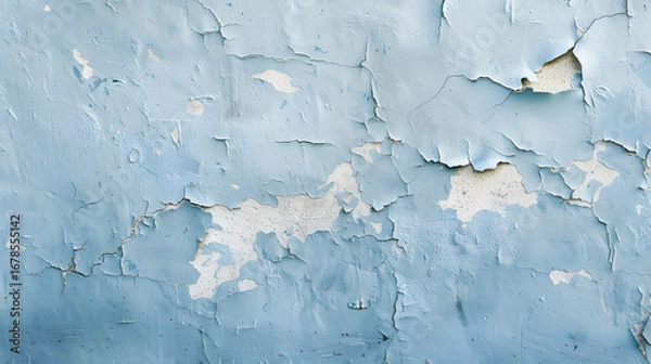 Fototapeta neon blue painted wall with subtle cracks and peeling paint in daylight with wide clean negative space