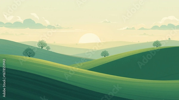 Fototapeta A calm landscape illustration background with soft hills and pale sky