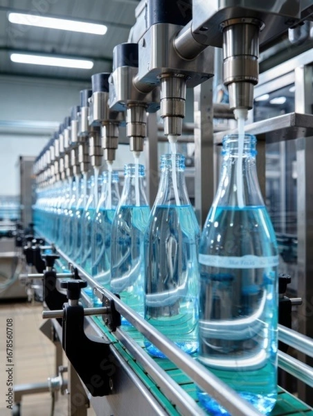 Fototapeta A water bottling line in an industrial setting where glass bottles are being filled with clear water. The production process showcases advanced machinery in action