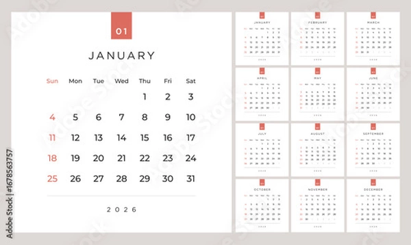 Fototapeta Minimalist style monthly calendar template for 2026 year. English calendar. Week starts on Sunday. Set of 12 months. Simple elegant design. Square composition