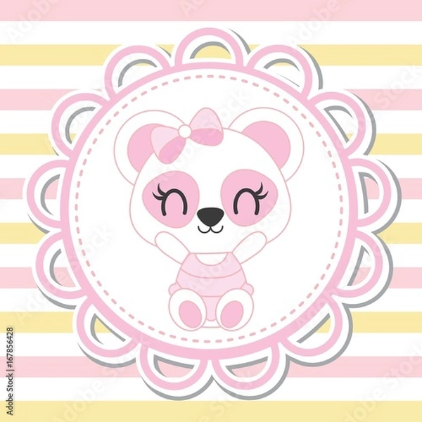 Fototapeta Cute baby panda in flower frame on striped background vector cartoon illustration for baby shower card design, kid t shirt design, and wallpaper