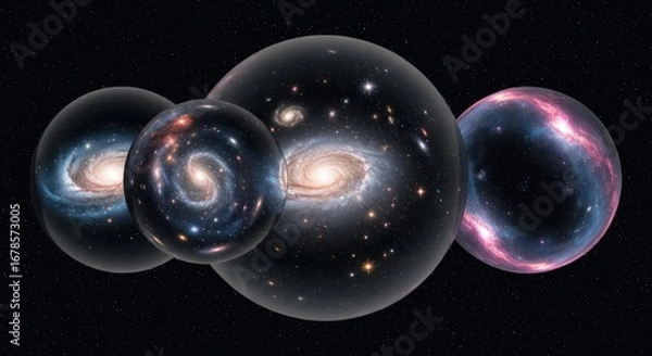 Fototapeta Parallel Universes: Spherical Galaxies Floating in Starry Space, Multiverse Concept
