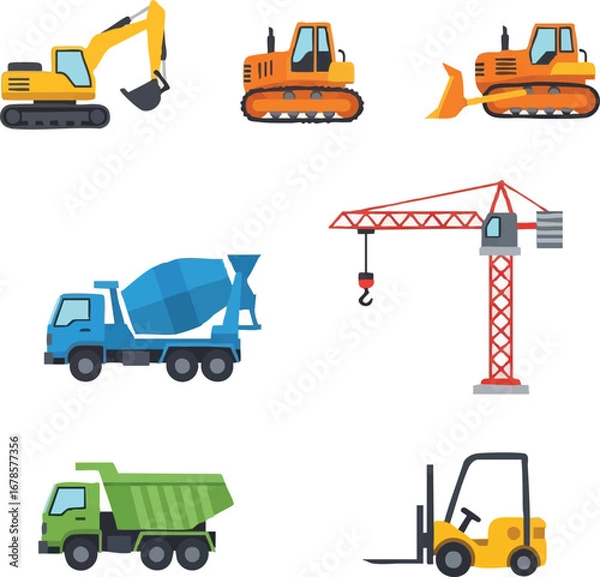 Fototapeta Vibrant collection of essential construction vehicles, including excavators, bulldozers, cranes, and trucks, depicted in a clean, isolated vector illustration.