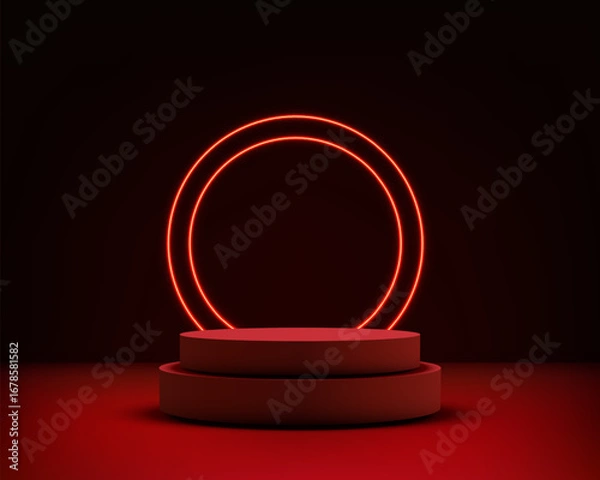 Fototapeta podium stage platform with glowing neon ring minimalist red 3d circular showcase background modern abstract product display design studio luxury template exhibition concept