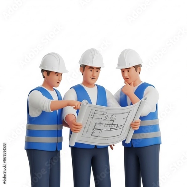 Obraz three architects looking at blueprint