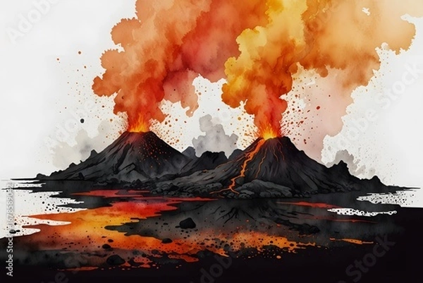 Fototapeta Lava is pouring from a volcano crater. The fiery red stream flows down the mountain. Smoke and ash rise into the sky, creating a dramatic scene.