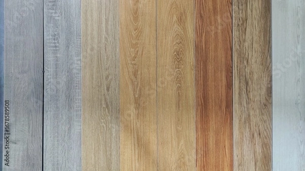 Obraz Various wood texture samples displayed in a supermarket, offered as options for flooring or wall panels, featuring natural grain patterns for home and interior building materials