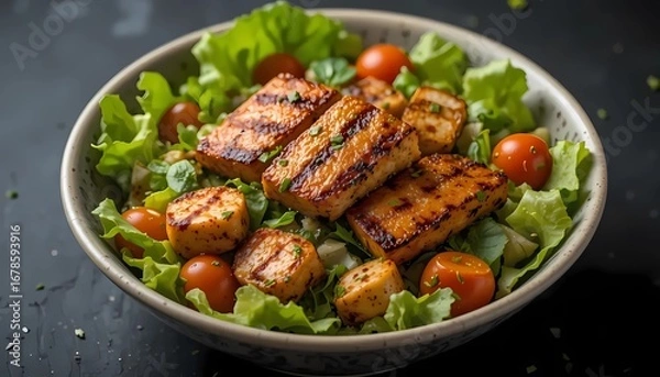 Fototapeta Fresh Salad with grilled Tofu in Bowl isolated on dark background.
