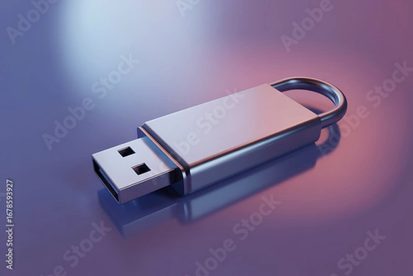 Fototapeta Secure Metal USB Drive: Padlock Design, Purple Gradient Background, Modern Tech Concept