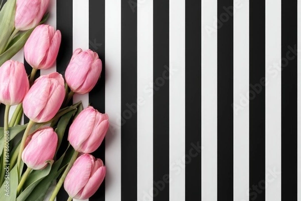 Obraz Pink tulips on a black and white striped background