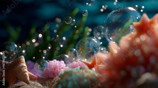 Fototapeta Underwater close-up of colorful sea life with bubbles and shells amidst vibrant corals