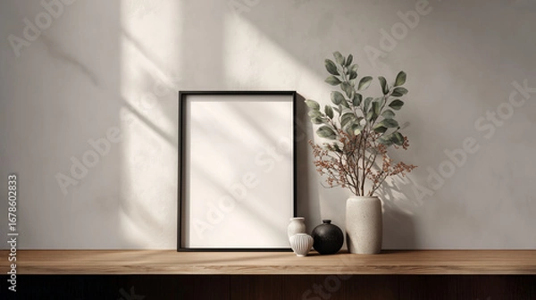 Fototapeta Modern minimalist poster mockup with black frame, ceramic vases and dried foliage on wooden console
