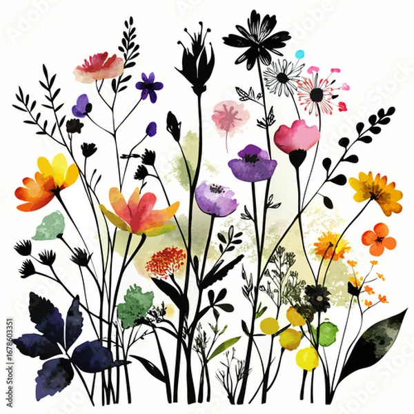 Obraz Wildflowers Set Black Silhouette Vector Illustration on White Background