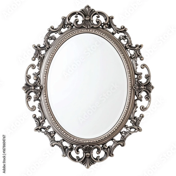 Fototapeta An ornate oval mirror with intricate, swirling Baroque style carvings and a metallic finish. Perfect for Halloween decorations and spooky design projects.