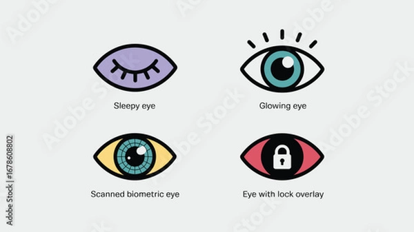 Fototapeta Four stylized eye icons depicting different states such as sleepy glowing scanned and locked overlayed
