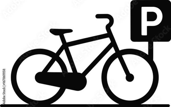 Fototapeta A black and white sign depicting a bicycle parked next to a parking symbol with the letter p on it