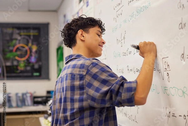 Fototapeta Teen student writing equation on whiteboard in classroom