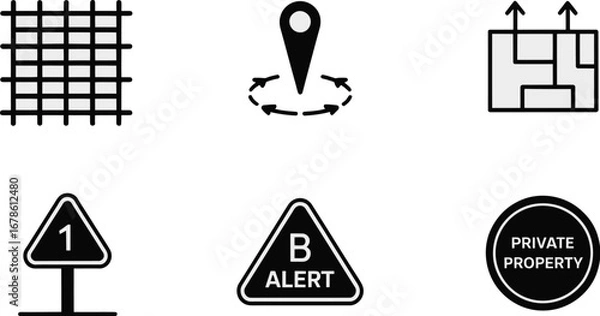 Fototapeta A collection of six black and white icons including a grid, map marker, and private property sign
