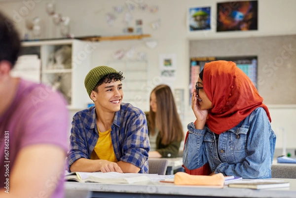 Fototapeta Multiethnic teens students talking in classroom