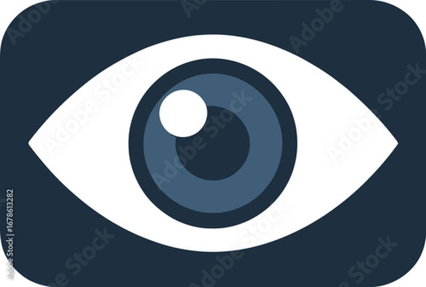 Fototapeta A stylized eye icon with a white sclera, dark blue iris, and a white pupil on a rounded blue background