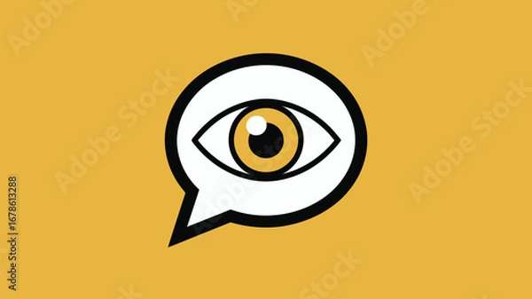 Fototapeta A stylized eye icon within a speech bubble on a yellow background with a black outline design