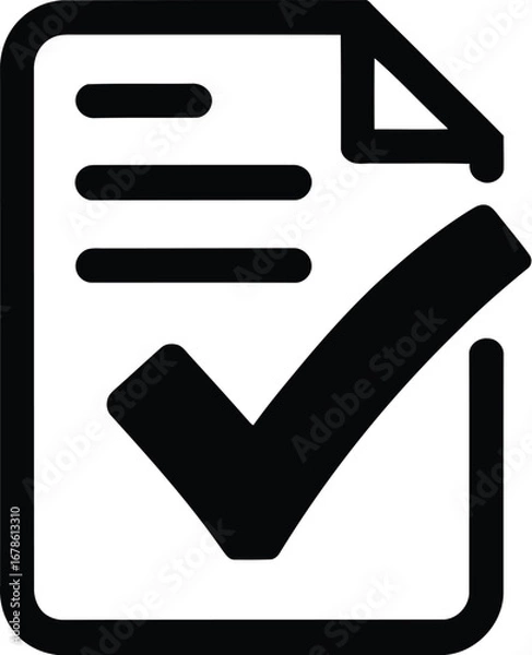 Fototapeta A black and white icon of a document with a folded corner and a check mark in a square box on it
