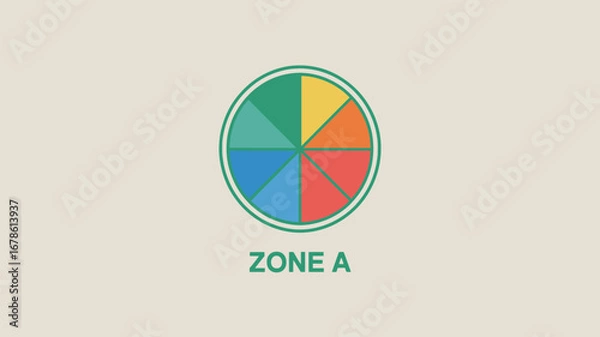 Fototapeta A circular diagram divided into segments of different colors with the words zone a below it