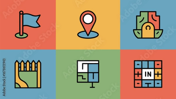 Fototapeta A set of six colorful icons depicting a flag, map marker, building, fence, chart, and input symbol