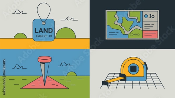 Fototapeta A graphic illustration depicting land surveying and zoning with a map, tape measure, and parcel id tag