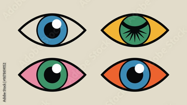 Fototapeta Four stylized eyes with different color combinations and black outlines arranged symmetrically on beige