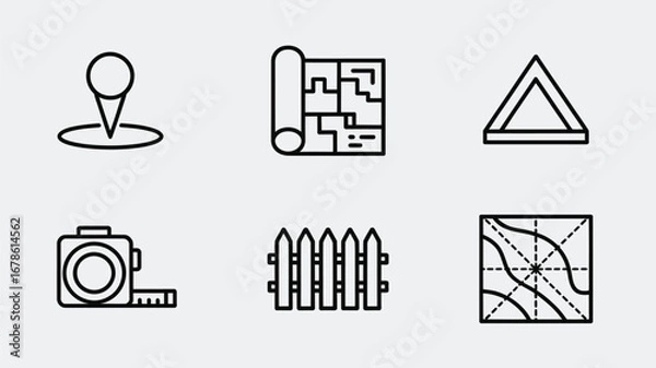 Fototapeta Various construction and design icons including blueprint, fence, measuring tape, and location pin