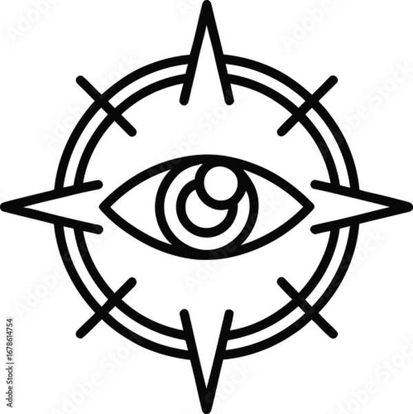Fototapeta A stylized eye inside a double lined circle with star like points emanating from the circle edge