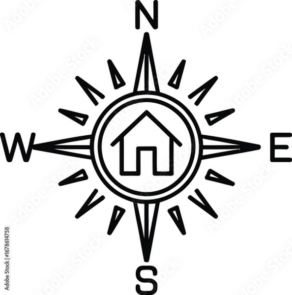 Fototapeta A compass rose with north east south and west directions and a house icon in the center circle design