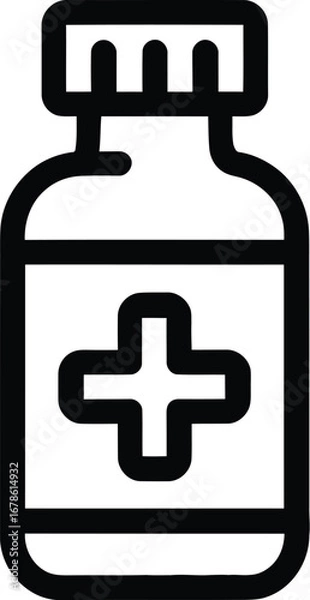 Fototapeta A black and white outline of a medicine bottle with a plus sign on the label and a ribbed cap top