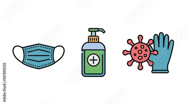 Fototapeta Illustration showcasing a face mask, hand sanitizer, virus cell, and protective glove on white background