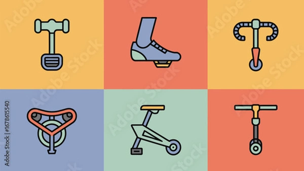 Fototapeta A collection of six colorful icons depicting various forms of personal transportation equipment designs