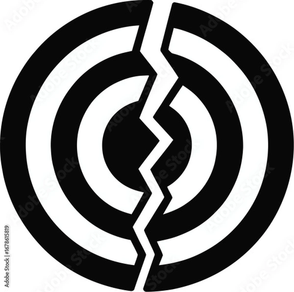 Fototapeta A black and white concentric circle design with a jagged crack running vertically through the center
