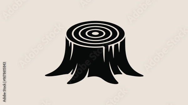 Fototapeta A black and white graphic of a tree stump with concentric circles on top against a light background