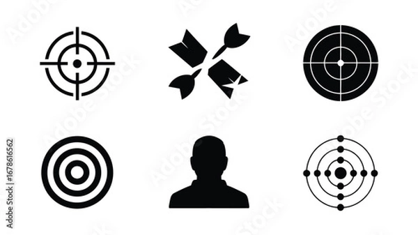 Fototapeta A set of six black and white icons including targets, broken darts, and a human silhouette figure