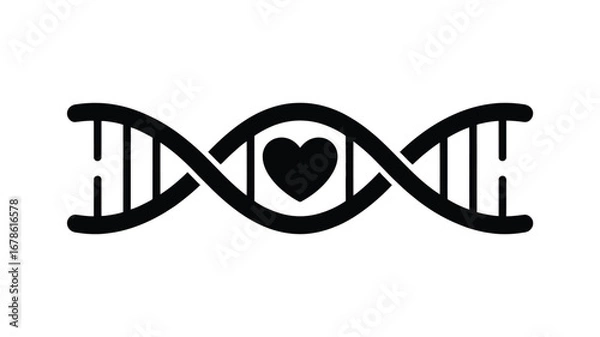 Fototapeta A black dna strand with a heart in the middle on a white background in a simple and clean style